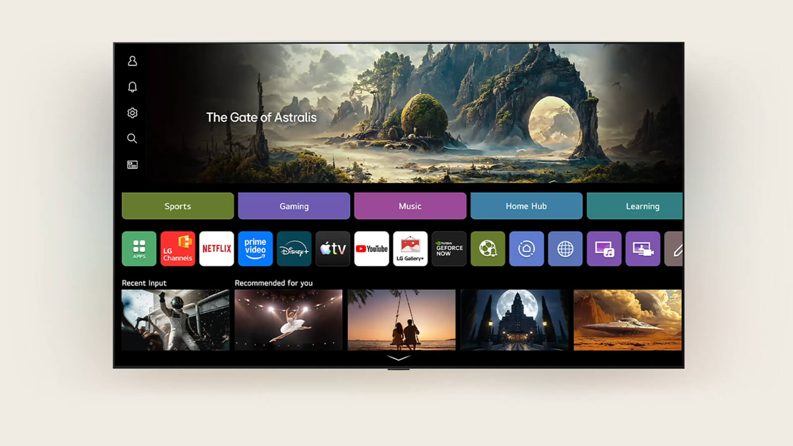 La LG OLED evo AI G6, con AI Voice ID y Mi página, muestra la pantalla de inicio de webOS y recomendaciones personalizadas. 